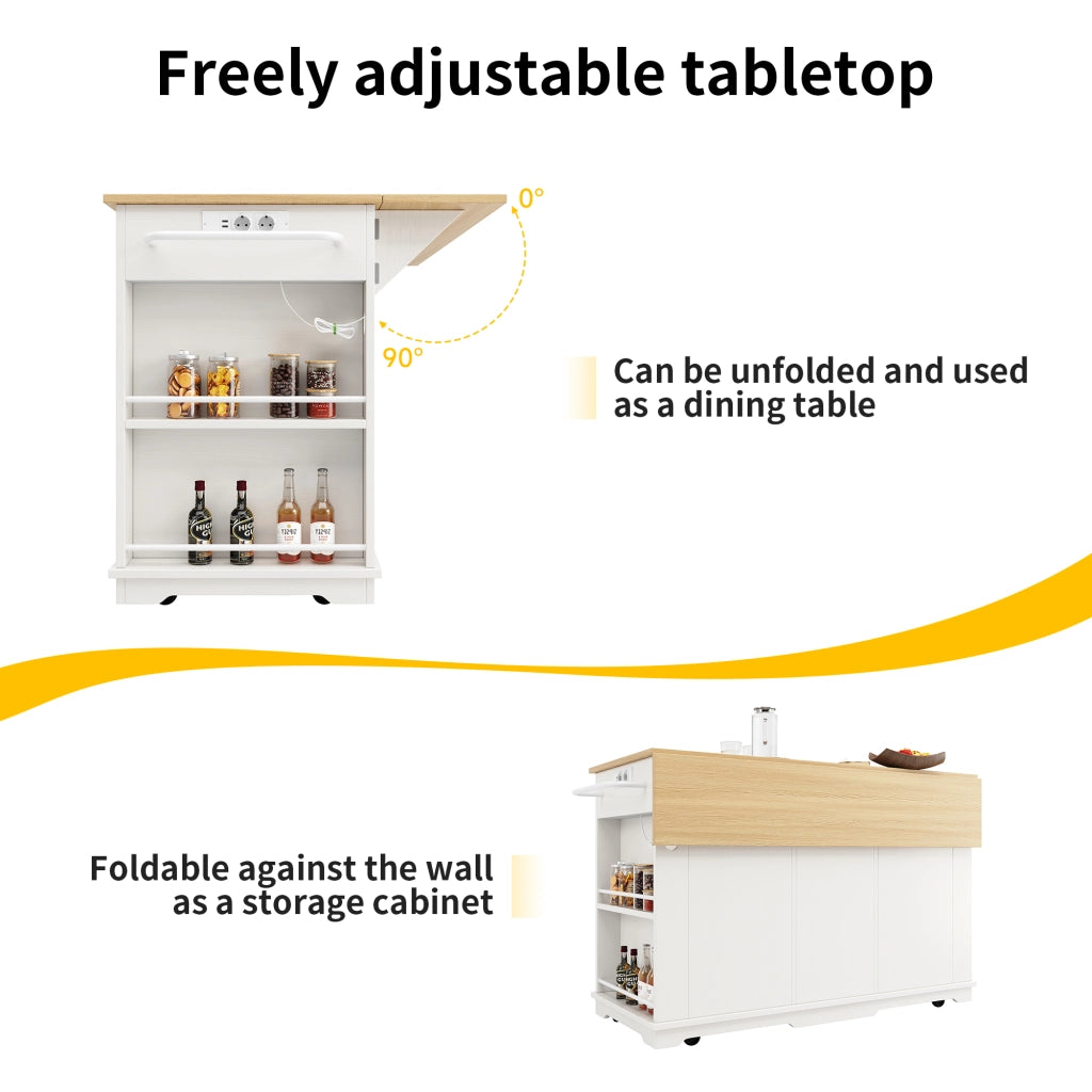 Carrello da Cucina con 2 Cassetti e 6 Vani; Prese Integrate e Piano Ribaltabile; in MDF e Metallo; Bianco Naturale