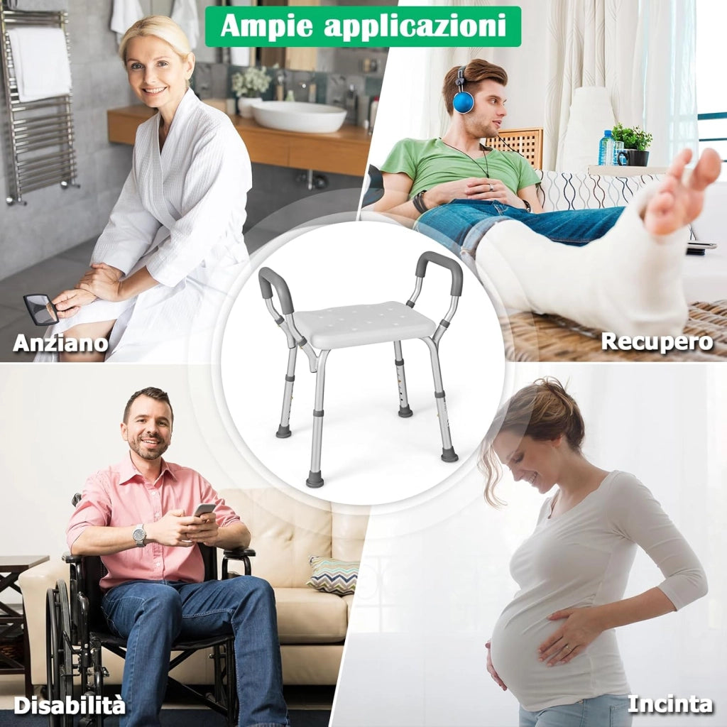 Sgabello Doccia, Sedia per Doccia Regolabile in 6 Altezze con Braccioli Imbottiti Staccabili e Piedini in Gomma Antiscivola, Portata 100 kg, Seggiolino da Bagno per Anziani (Blu) (Grigio)