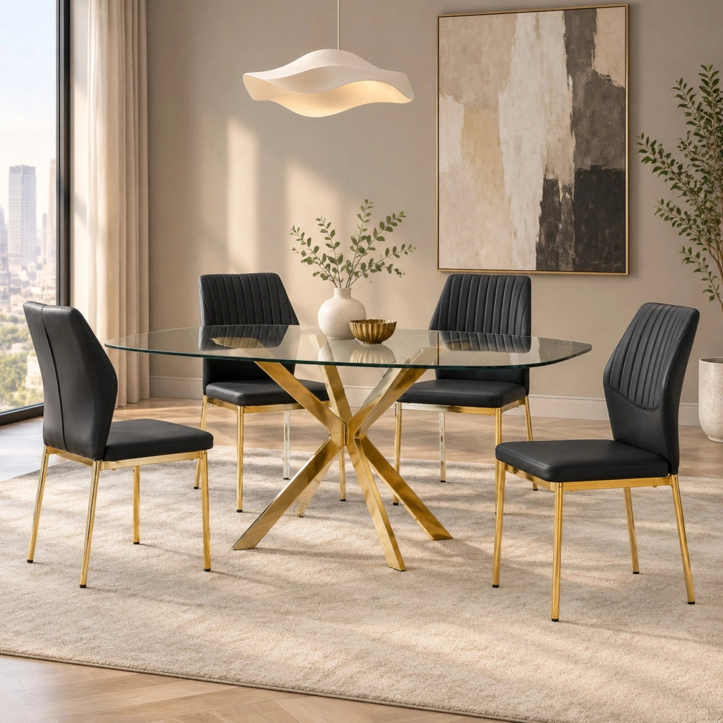 Set di 4 sedie da pranzo nere e oro in PU con gambe in metallo