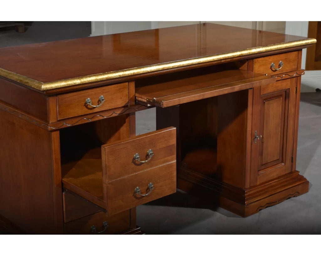 Scrivania porta pc 6 cassetti legno bassano profilo foglia oro 160x80x85 - Mobili 2G
