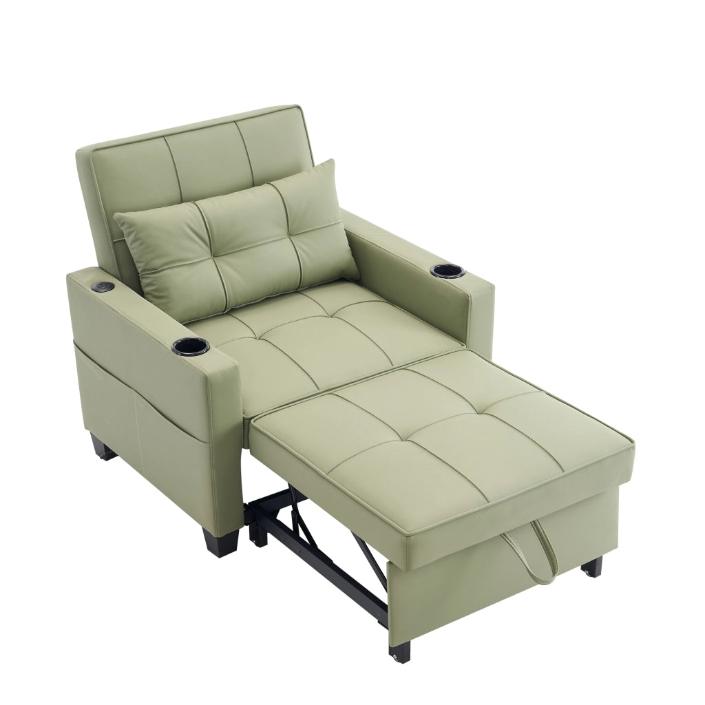 Poltrona letto convertibile 3 in 1 con funzione letto, tasca laterale e portabicchieri, in legno e metallo, avocado