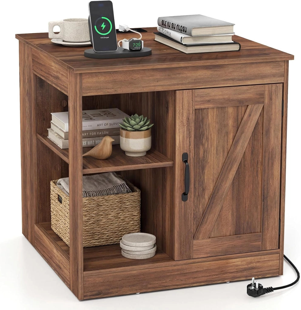 Tavolino ausiliario con stazione di ricarica, comodino con armadio e 2 ripiani aperti, ripiano inferiore regolabile, 60 x 60 x 61 cm, mobile organizer per soggiorno, camera da letto (rovere