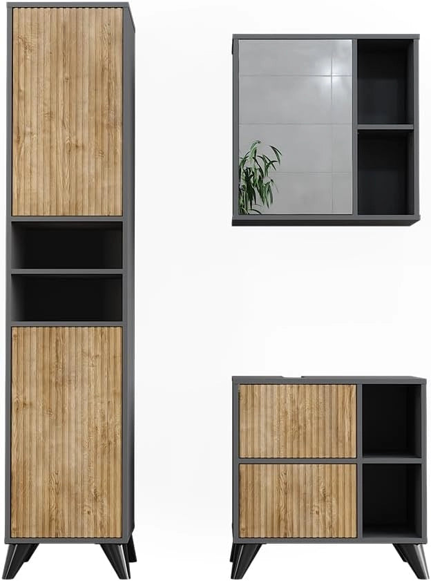 Set di mobili da bagno Leano, Antracite/quercia di montagna, 60 cm, composto da mobile lavabo, pensile a specchio, colonna e base media