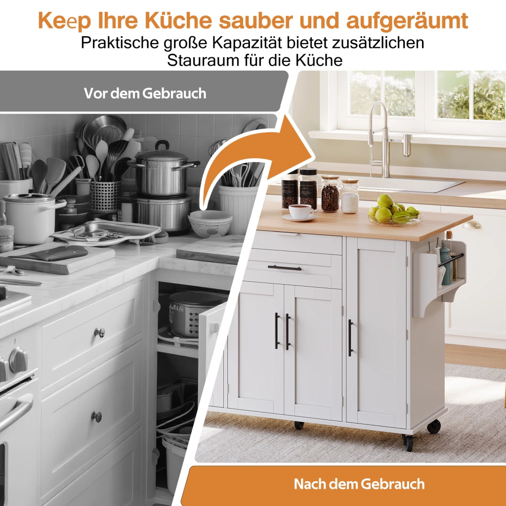 Isola cucina mobile 120x45 cm con piano estensibile; cassetti e ripiani; MDF; bianco
