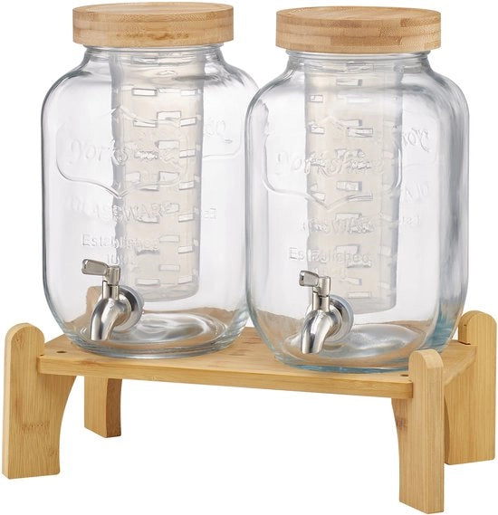Dispensatore di bibita - Doppio rubinetto per limonata e succo da 2 x 3,8 L - Vaso - Rubinetti senza gocciolamento - Standard in legno