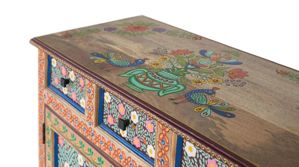 Consolle in legno di mango con porta decorata a mano