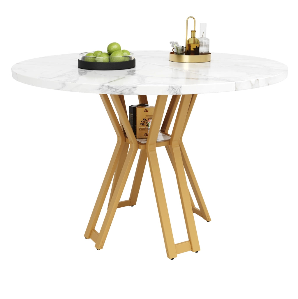 Tavolo da pranzo 100x100x76 cm con piano in MDF effetto marmo e gambe in metallo oro