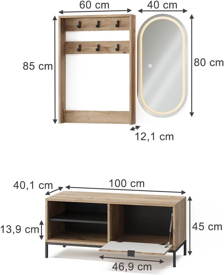 Armadio da ingresso Eliza, Quercia vichinga, 100 x 45 cm Set, 3 parti, adatto per montaggio a parete e appendiabiti