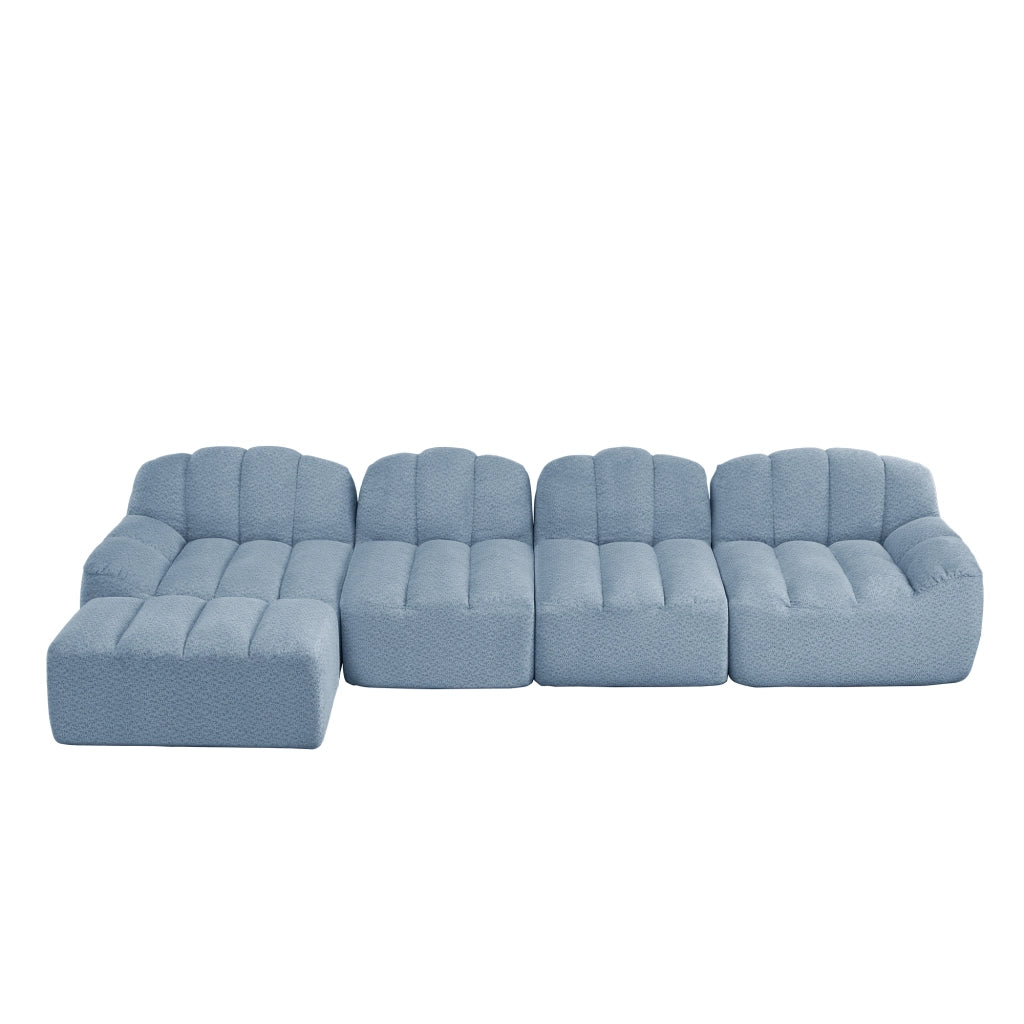 Divano modulare 4 posti con pouf e seduta ampia, schienale ergonomico per soggiorno in fleece granulato blu