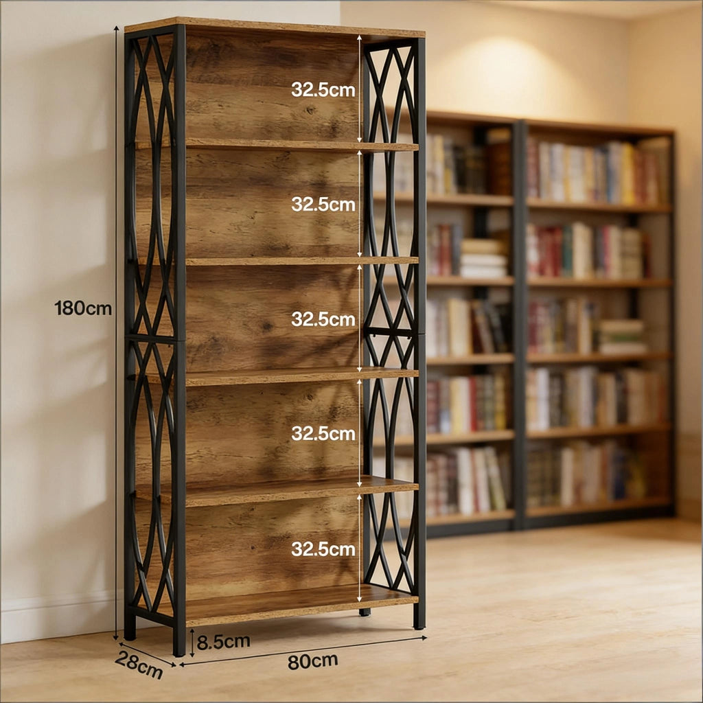 LIBRERIA INDUSTRIALE 180 cm MDF E METALLO Nero/Marrone