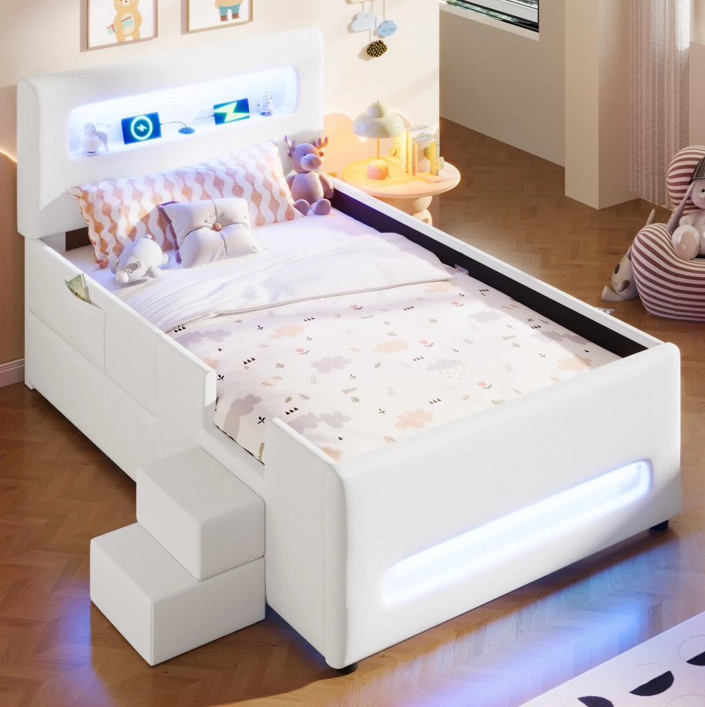 Letto imbottito 90x200 cm con LED, cassetto e scala