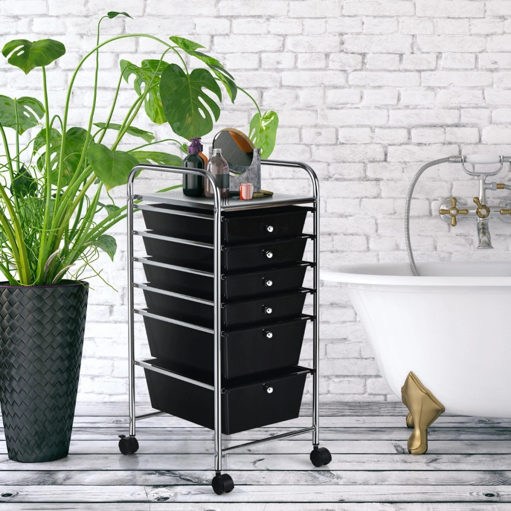Carrello cassettiera multiuso con 6 cassettiera in plastica con ruote, Carrello per cucina 43,5x34x76cm Nero-Armadi da ufficio