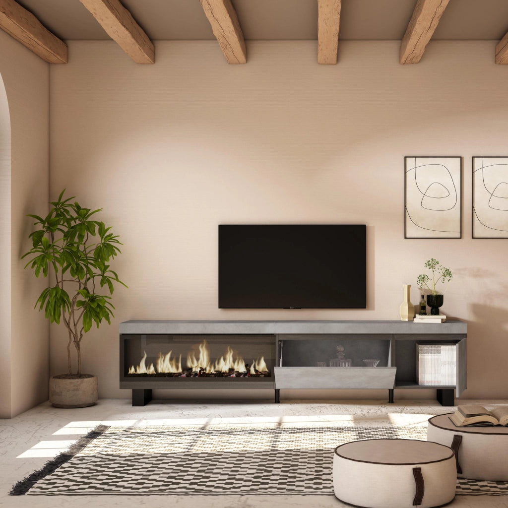 Mobile TV Soggiorno, 237x35x57cm, TV di grande formato, Camino elettrico XXL, Design industriale, grigio cemento RF3588
