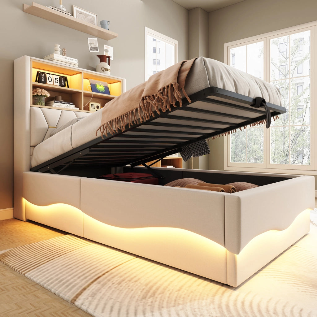 Letto multifunzionale per bambini 90x200 cm con LED, porta USB e contenitore idraulico, beige