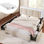Letto Imbottito con LED e 4 Cassetti ¨C MINIMAL ¨C Matrimoniale 160x200, Testiera Regolabile, Doghe, Beige, con Materasso