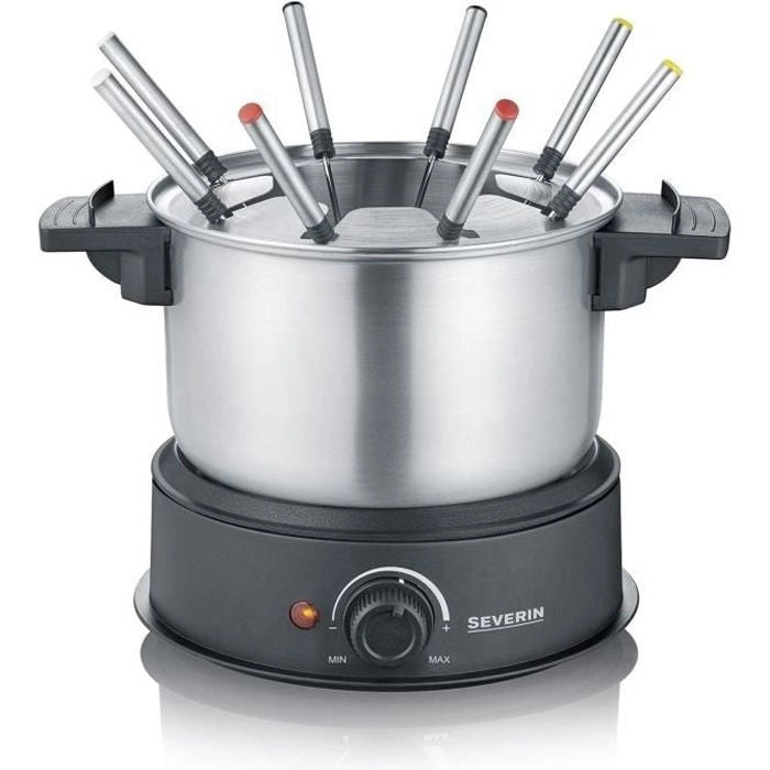 SEVERIN FO2473 Fonduta elettrica 8 persone con pentola in acciaio inox estraibile, Incluso: Paraspruzzi e 8 forchette