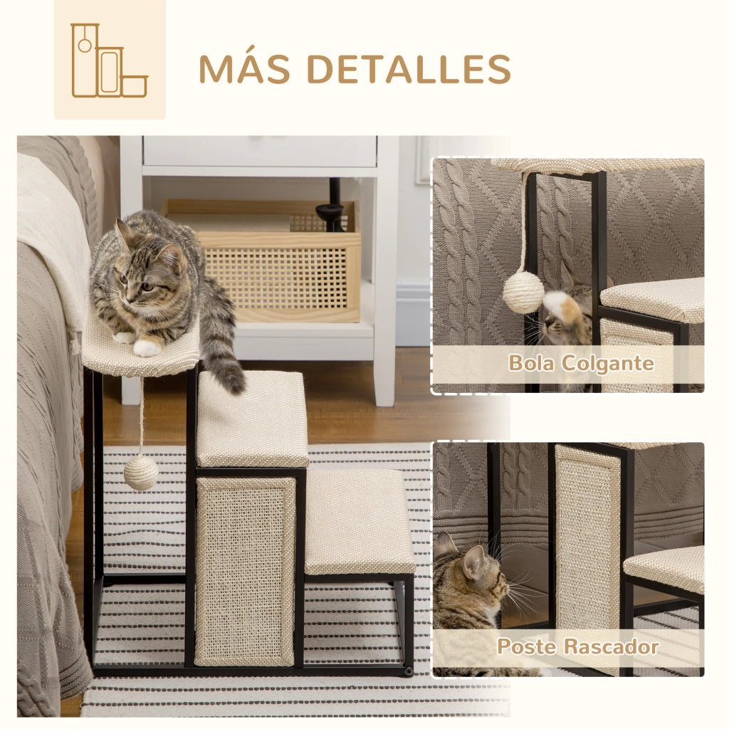 Scala per Gatti 3 Gradini con Giocattolo Sospeso e Tiragraffi ¨C Minimal ¨C 47x45x47 cm Crema e Nero