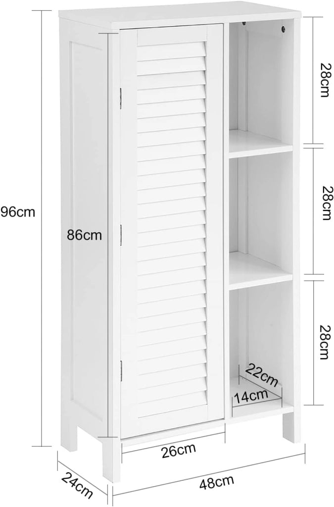 Mobiletto da Bagno – Armadio da Bagno Stretto con Porta Lamellata e 3 Ripiani Aperti, Mobile Salvaspazio, Resistente all'Umidità, Colonna per Cucina e Soggiorno, Bianco, 48x96x24cm, BZR39-W