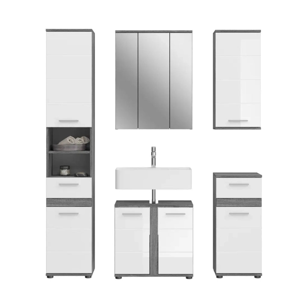 Set di mobili da bagno WILLIAM – Grigio scuro e bianco – 164x191x34 cm – 6 porte, 2 cassetti