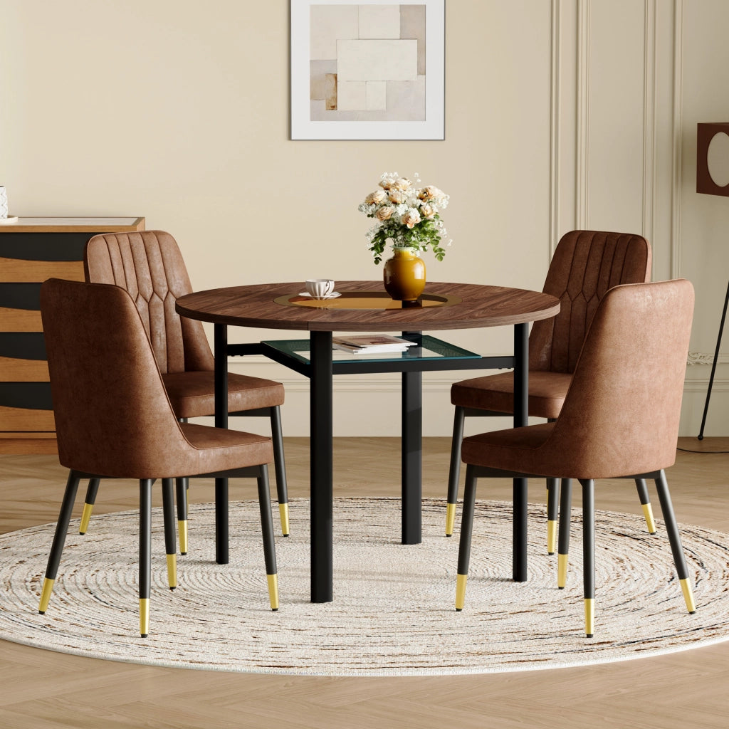 Set da pranzo rotondo 100 cm con piano in MDF e vetro; tessuto tecnico e metallo marrone e nero