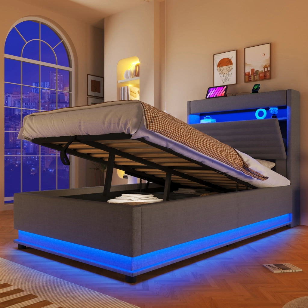 DESMIU Lit Contenitore 90 × 200 cm 1 posto con LED, USB, Type-C, apertura idraulica, senza materasso, grigio