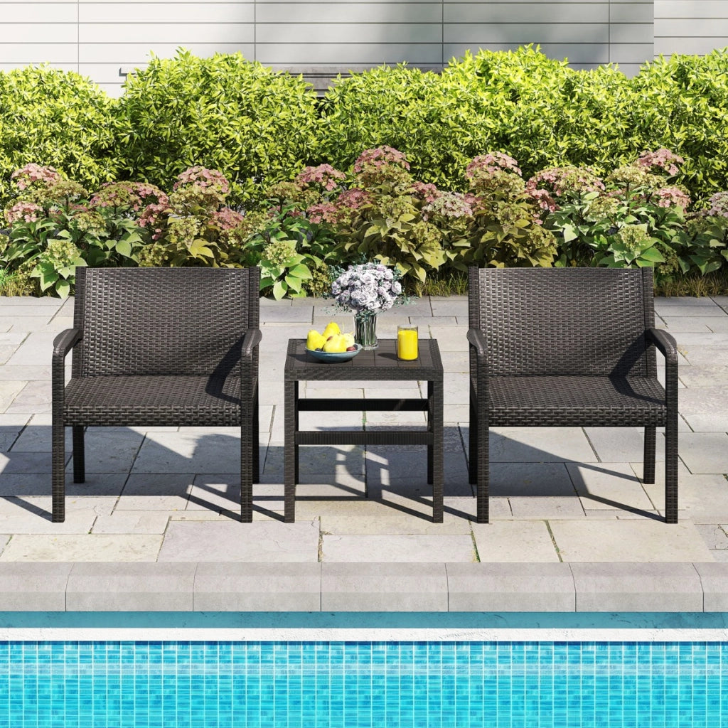 Set di conversazione da esterno con 2 poltrone moderne in rattan e tavolino quadrato, Set di mobili da patio a 3 pezzi Nero-Sedie da esterno