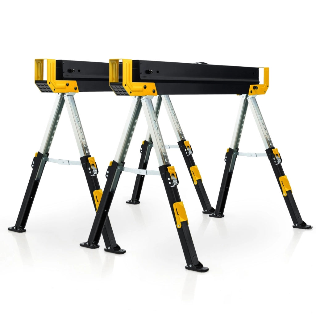 Set di 2 cavalletti pieghevoli con 2 x 4 bracci di supporto altezza regolabile, Cavalletti per sega portatili Giallo-Tavoli da lavoro