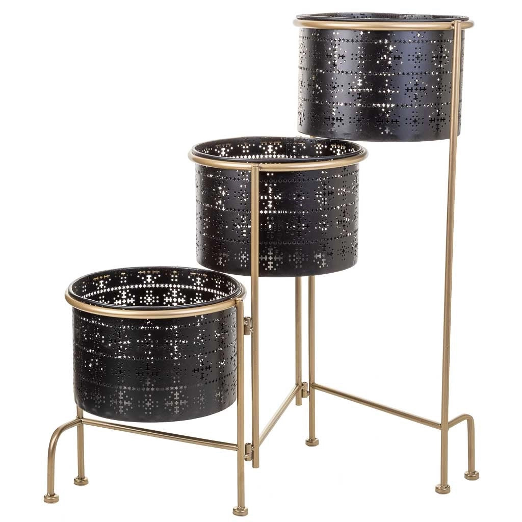 Supporto in metallo con 3 fioriere in metallo nero 80x26x68