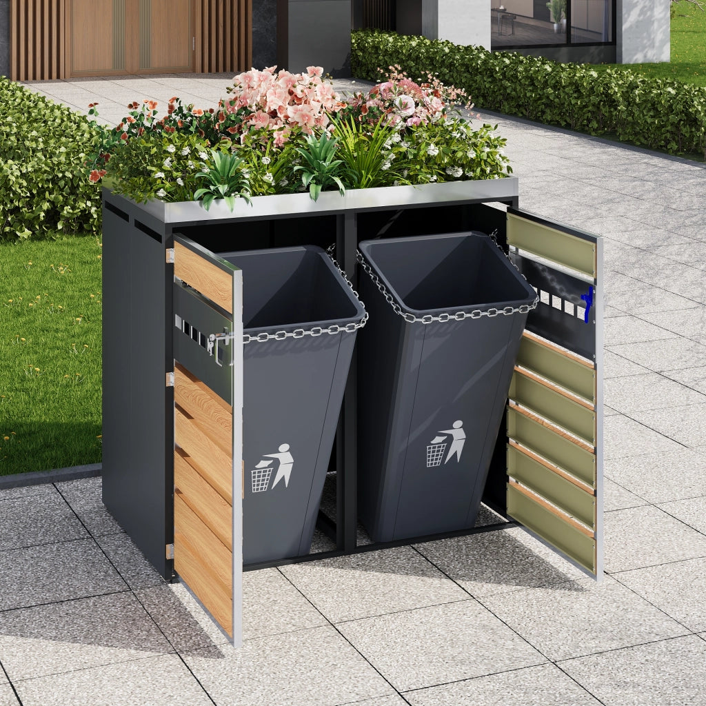 Box per Bidoni con Fioriera Integrata; 2 Vani con Serratura e Ante Ventilate in Acciaio Grigio Effetto Legno