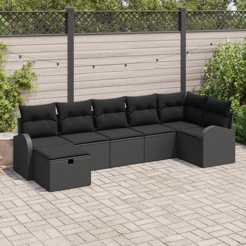 Set di Divani da Giardino 7 Pezzi con Cuscini Nero Rattan Sintetico