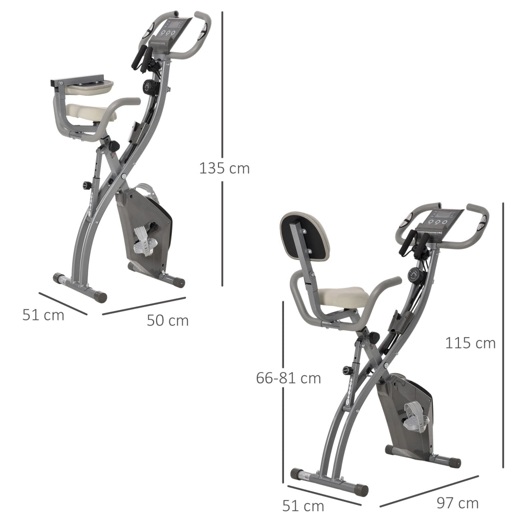 EasyComfort Cyclette Pieghevole 2 in 1, Resistenza Magnetica Regolabile 8 Livelli, Bici da Fitness con Sensore di Frequenza Cardiaca, Elastici per Braccia, Schermo LCD, Volano 2.5kg, Grigio