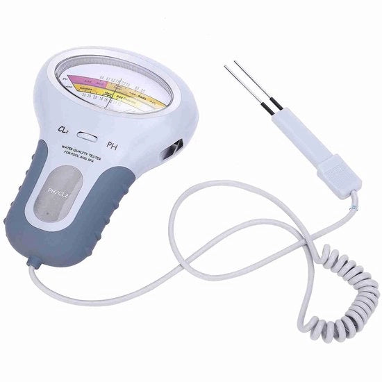 Analizzatore di qualità dell'acqua compatto per piscine e vasche idromassaggio con sonde di misura della pH e cloro, calibrazione con 1,5 ppm cloro.