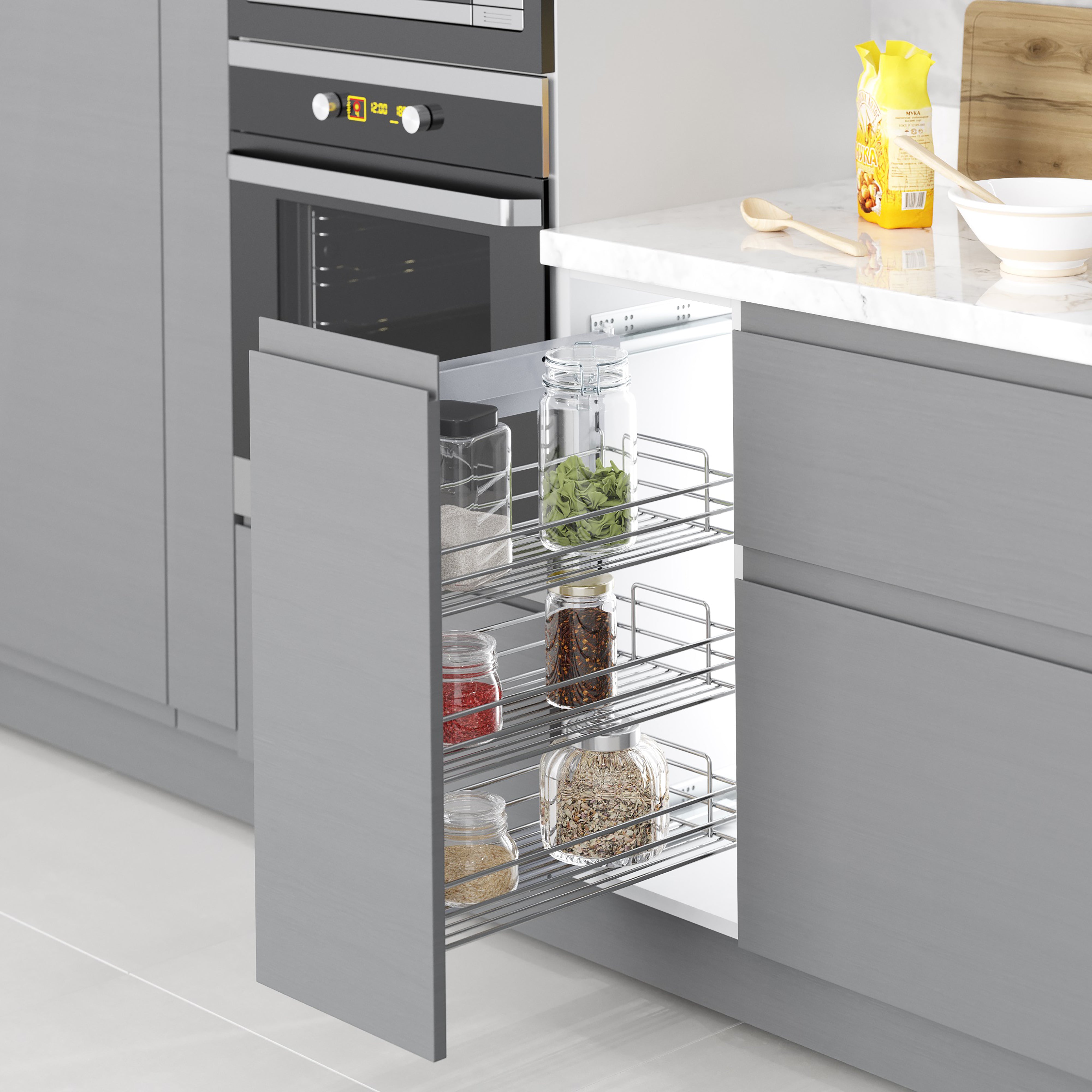 Carrello Estraibile per Moduli Inferiori Cucina da 400 a 480 mm in Acciaio Emuca Brillo Cromato