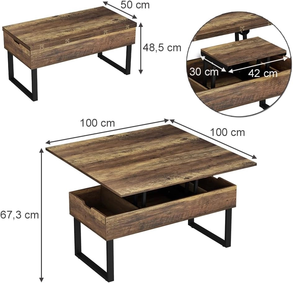 tavolino soggiorno Lifty, Rovere rustico, 100 x 50 cm con funzione di sollevamento, estendibile con piano regolabile in altezza e spazio contenitore