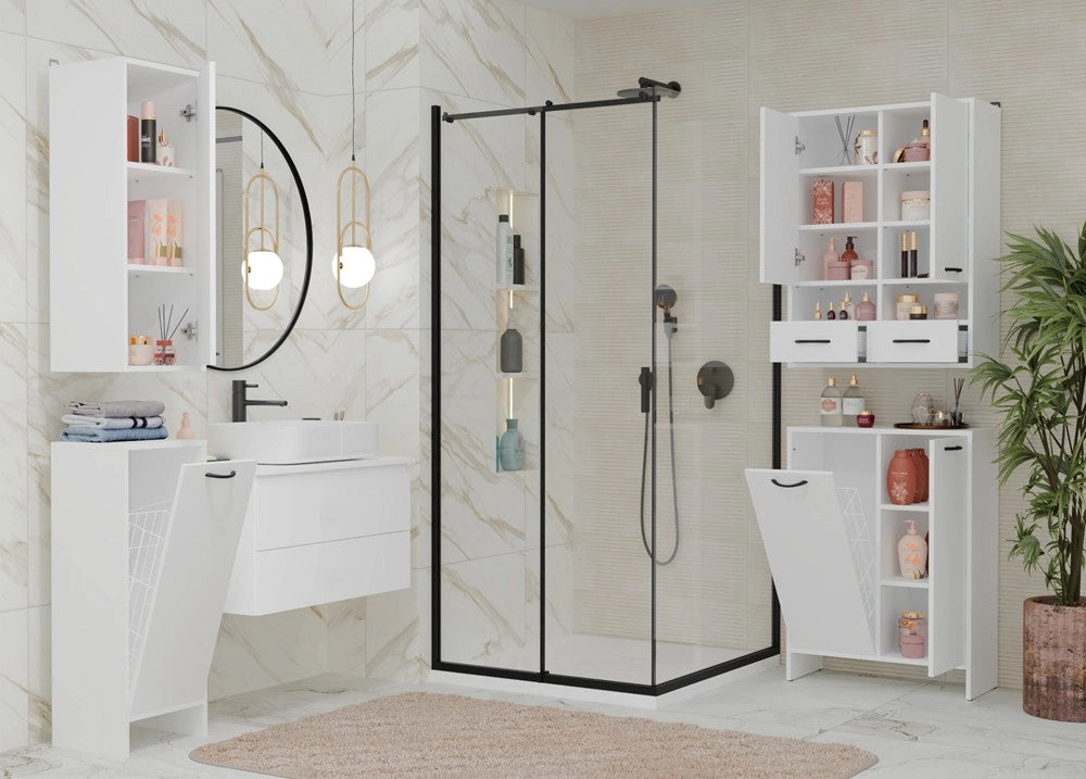 Mobile bagno NINA 1k1d bianco scaffale colonna 1 kosz per bucato 3 ripiani per bagno