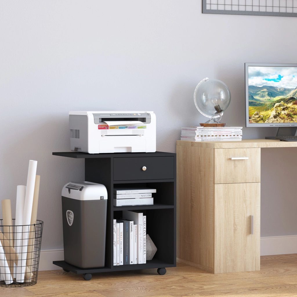 Mobile Porta Stampante con Cassetto e Ripiani ¨C Zephmum ¨C Legno Nero 60x40x68.5cm