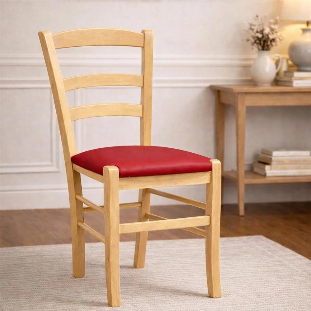 Sedie da sala da pranzo Paesana in legno naturale con seduta imbottita rossa