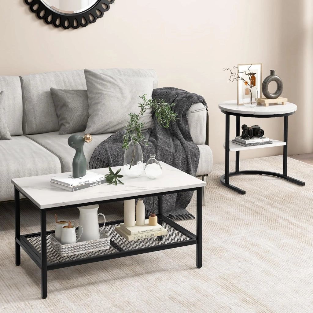 Set di Tavolini da Caffè a 2 Pezzi, Tavolini Sovrapponibili a 2 Livelli con Piano in Marmo Finto e Struttura in Metallo, Tavolino Rettangolare e Tavolino Rotondo (Nero+Bianco)