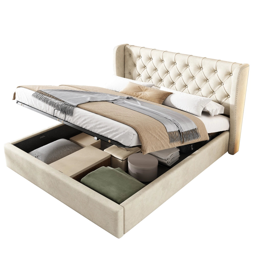 Letto matrimoniale contenitore 140x190 cm in velluto beige