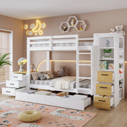 Letto a castello 90x200 cm in legno con 2 cassetti; ripiani laterali e comodino; bianco naturale