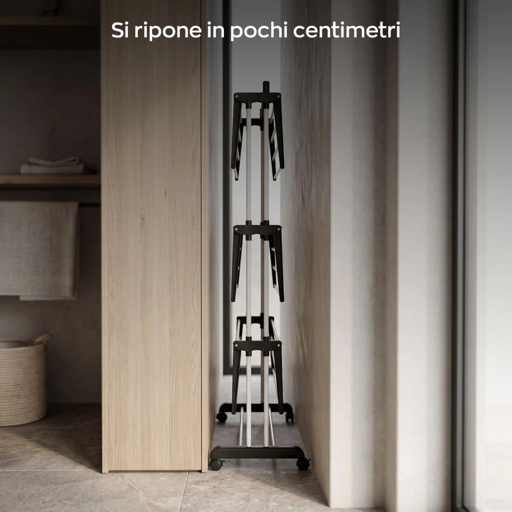 Hangover - Stendibiancheria Verticale 72x171x62,5 cm Stendino 4 Ripiani Pieghevole con Ruote in Resina e Metallo