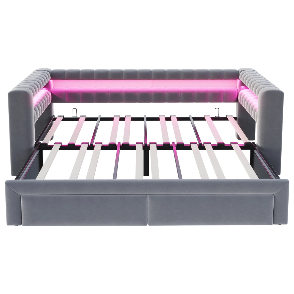 Divano letto 90x190 cm con contenitore; LED e USB in velluto grigio
