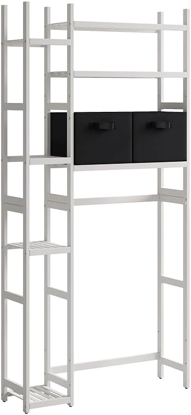 Mobiletto per lavatrice Bilbao, Bianco, 78.5 x 163 cm con 2 cassetti in pile, Ripiani aperti per detersivi, asciugamani e accessori