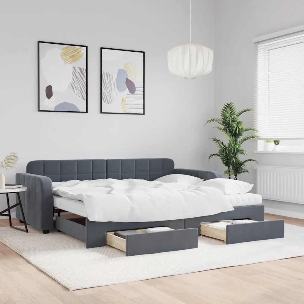 Divano Letto Estraibile Cassetti Grigio Scuro 90x190cm Velluto