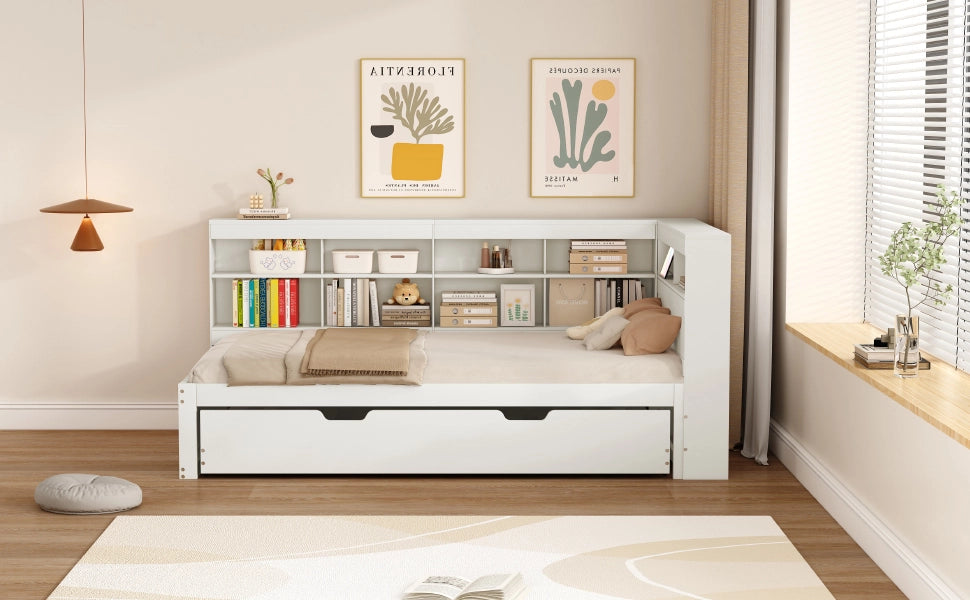 DESMIU Letto singolo 90 × 200 cm con letto estraibile 90 × 190 cm, USB e vani, senza materasso, bianco
