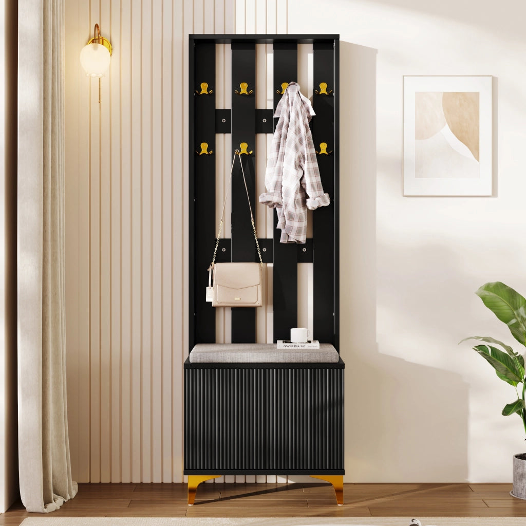 Mobile Ingresso con 2 Ante; Ripiani Regolabili e Panca Portascarpe; Push-to-Open; Nero e Oro; 60;5×35;2×180;5 cm