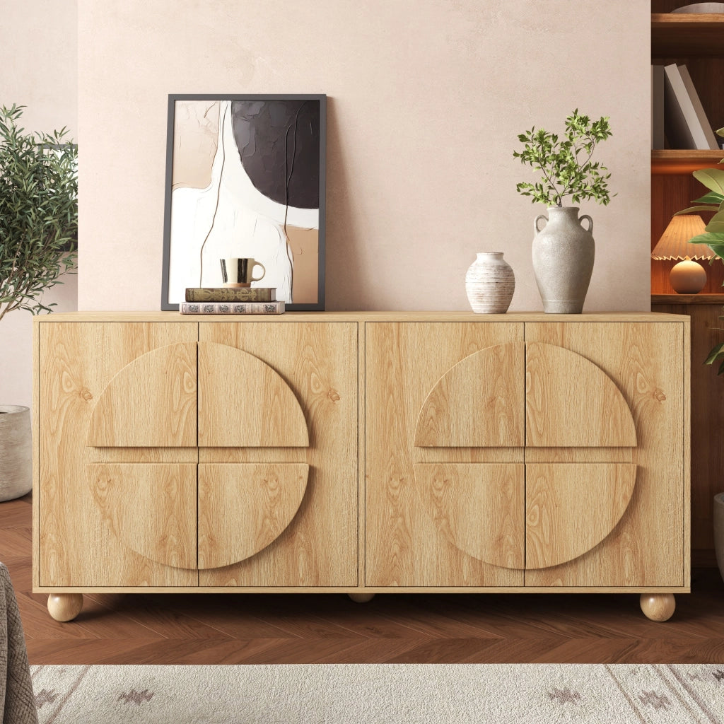 Sideboard a 4 ante con rilievo circolare; 160x38x76 cm; in MDF e pino; naturale