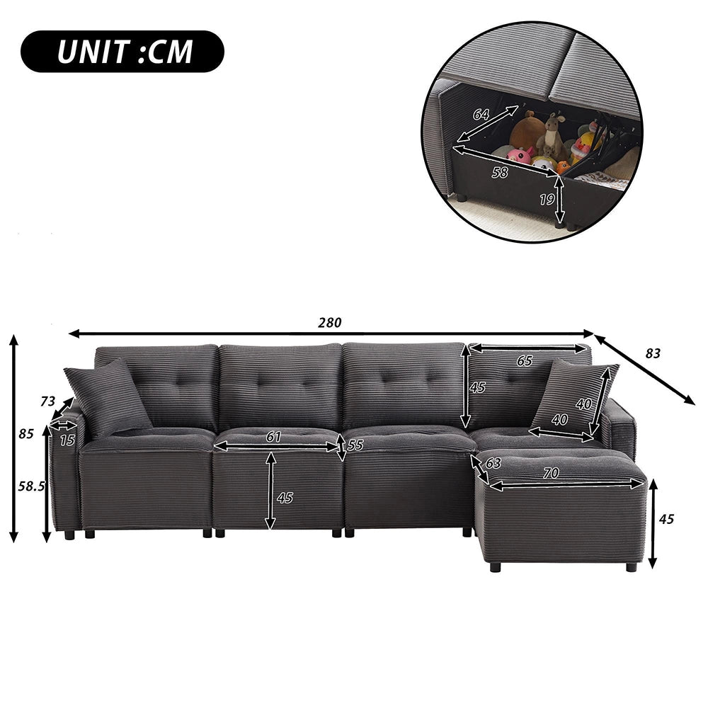 Divano 4 posti in velluto costato con pouf - Xylo - Grigio - 280x146x85 cm - Sedili con spazio di archiviazione