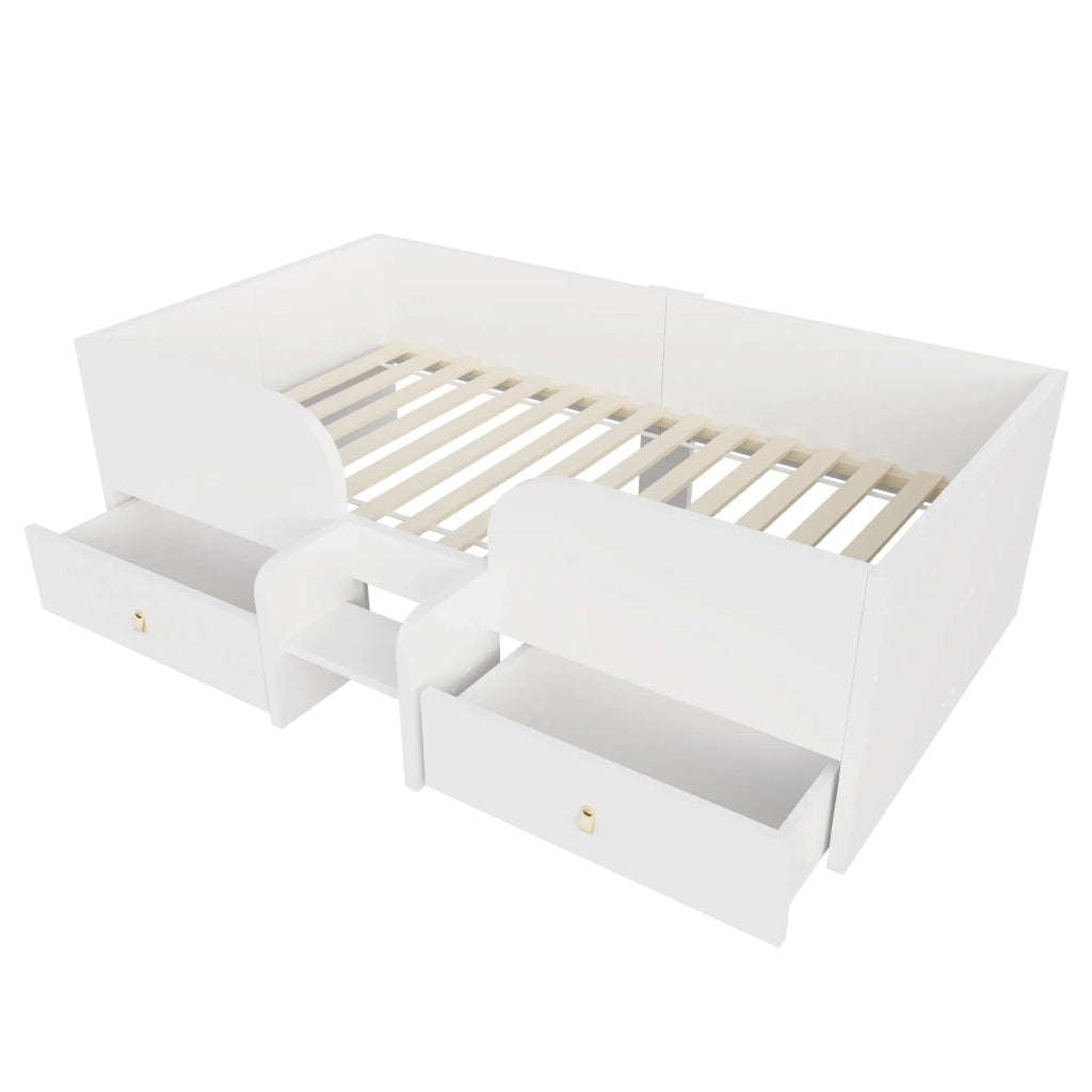 Letto singolo in legno bianco 90x200 cm con 2 grandi cassetti e piccola scala di sicurezza