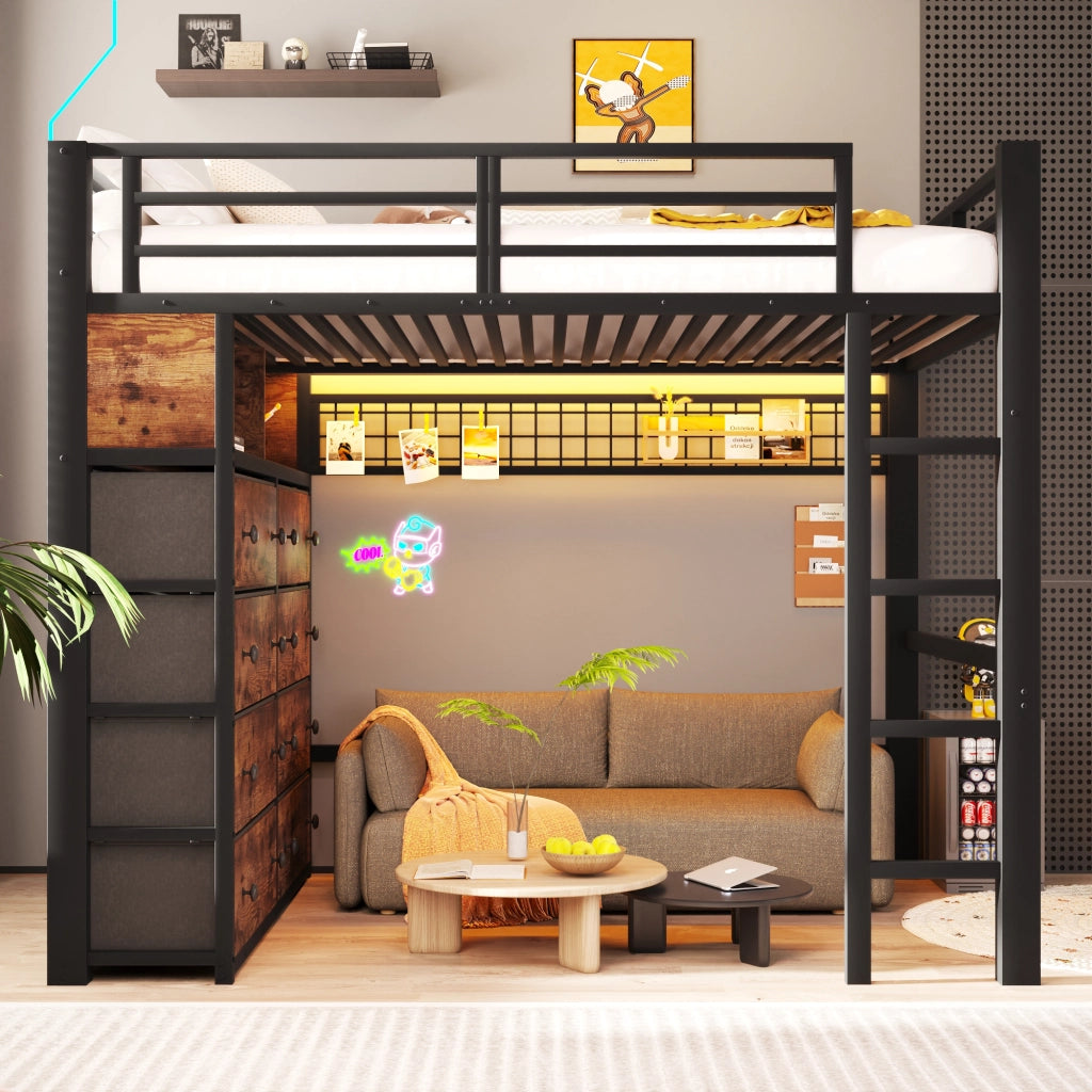 LETTO ALTO 140x200 cm Nero in Metallo e MDF con 8 cassetti